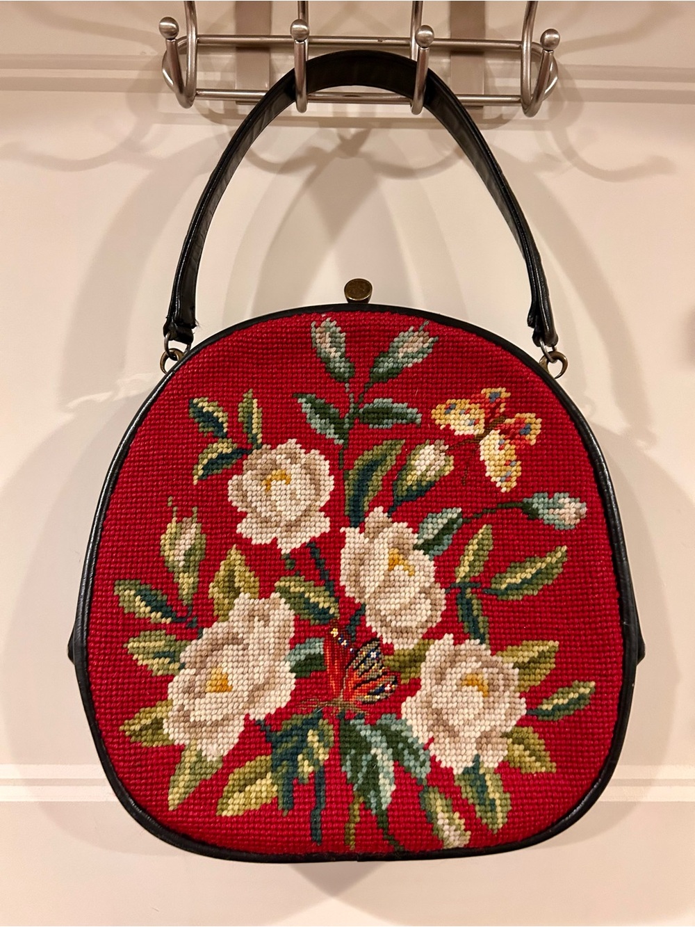 Vintage Leather Floral Needlepoint Tapestry Handbag by Artbag Creations